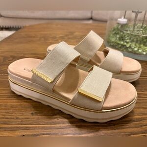 Vionic Women's Linen and Gold Thread Slide Platform Sandals